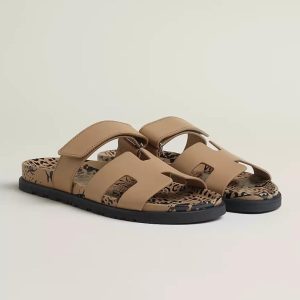Iconic Hermès Chypre Sandal: Beige Argile & Wild Leopard