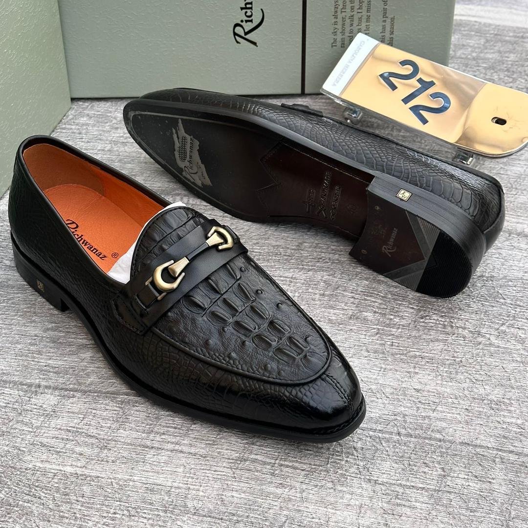 Richwanaz Black Leather Loafers with Gold Buckle Detail
