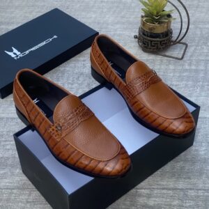 Moreschi Men's Brown Leather Crocodile-Embossed Loafers 