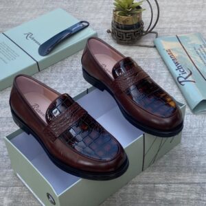 Richwanaz Brown Crocodile-Textured Leather Penny Loafers