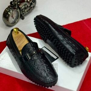 Black Crocodile-Embossed Leather Loafers